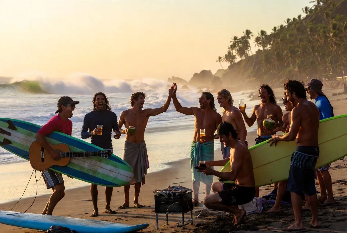 Surfers celebrating at sunset on Playa Zicatela in Puerto Escondido — high-fiving with beers and coconuts, a guitarist on the left, and fish grilling on a small barbecue in the sand