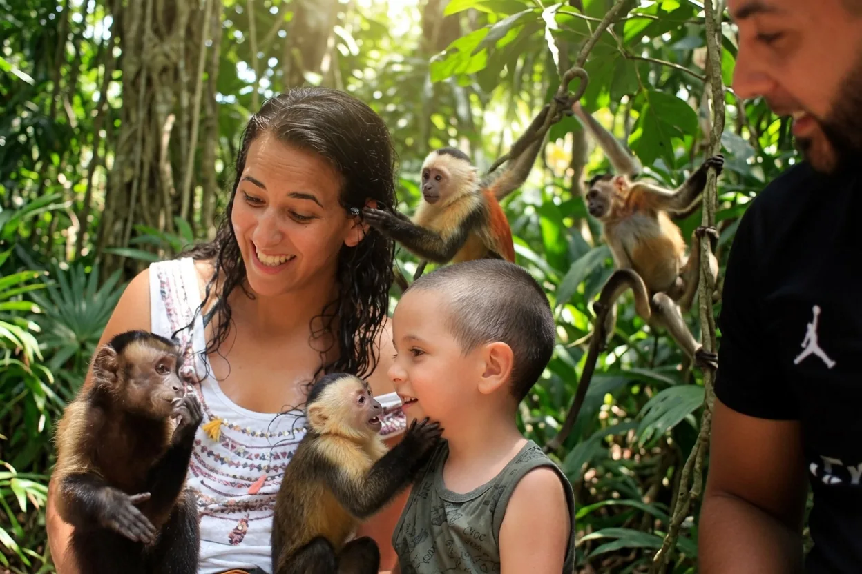 A family interacting with rescued capuchin monkeys in the jungle on a guided tour at the Akumal Monkey Sanctuary, Riviera Maya
