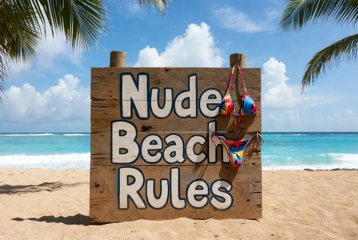 Hand-painted wooden Nude Beach Rules sign on a Mexican beach with a colorful bikini hanging from it