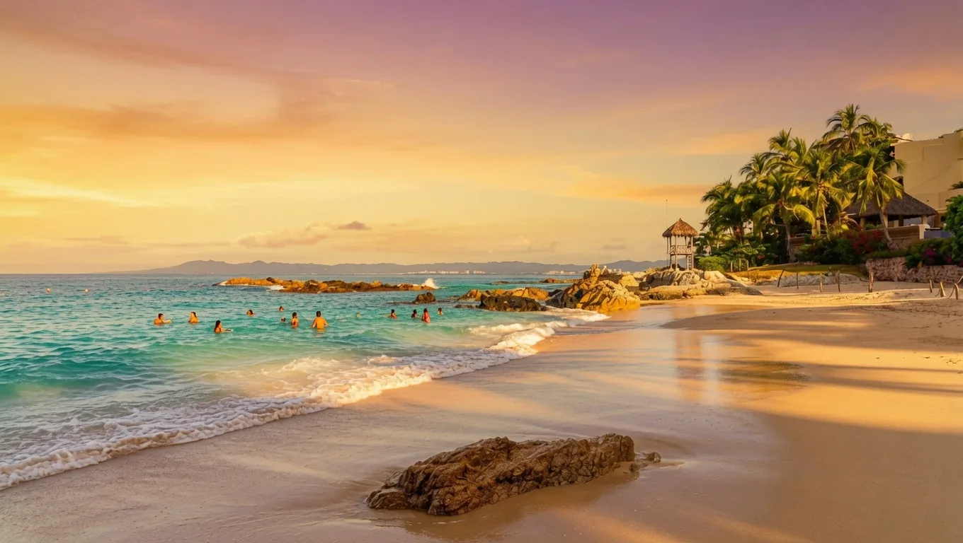 Bucerías beach at sunset on the Bay of Banderas — swimmers in calm turquoise water, golden sand, rocks, and a palm-shaded palapa on the headland