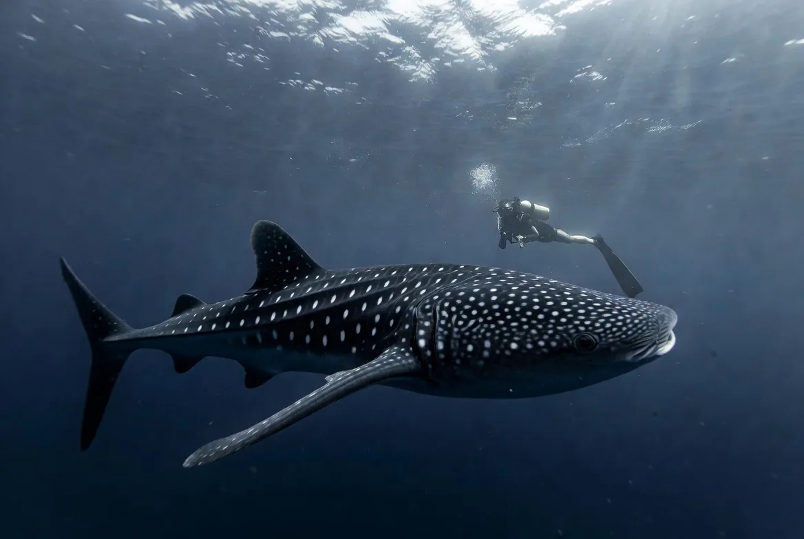 A whale shark glides past a single diver in the deep blue water of the Sea of Cortez