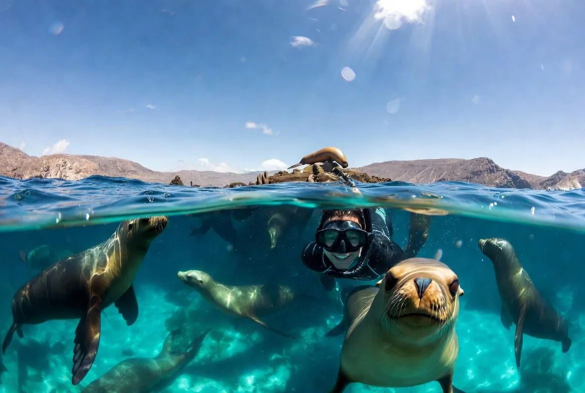 A snorkeler smiles underwater surrounded by curious California sea lions at Los Islotes near La Paz, with the arid Baja coastline visible above the waterline
