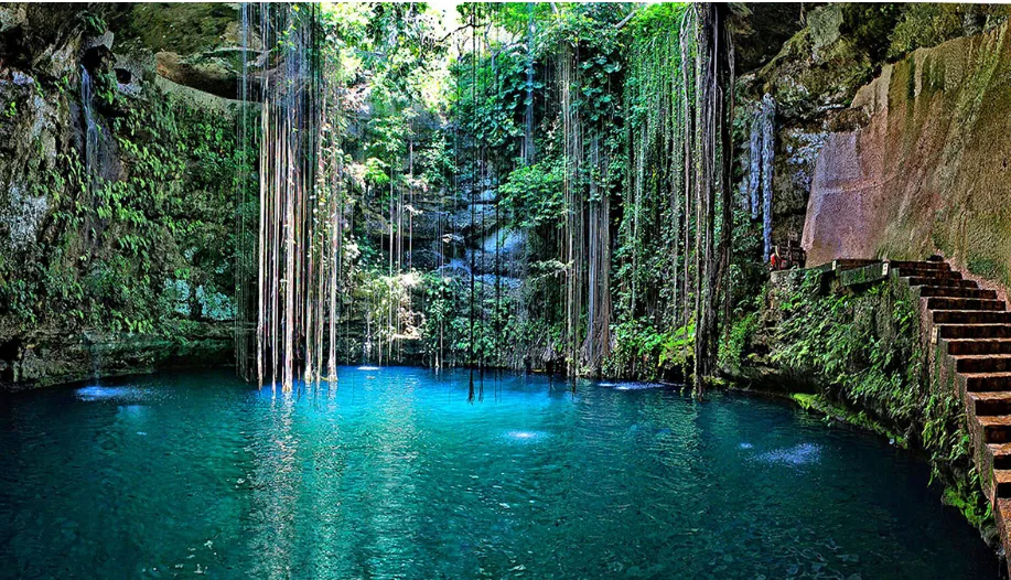 Hanging vines and turquoise water in the cylindrical Cenote Ik Kil near Chichén Itzá