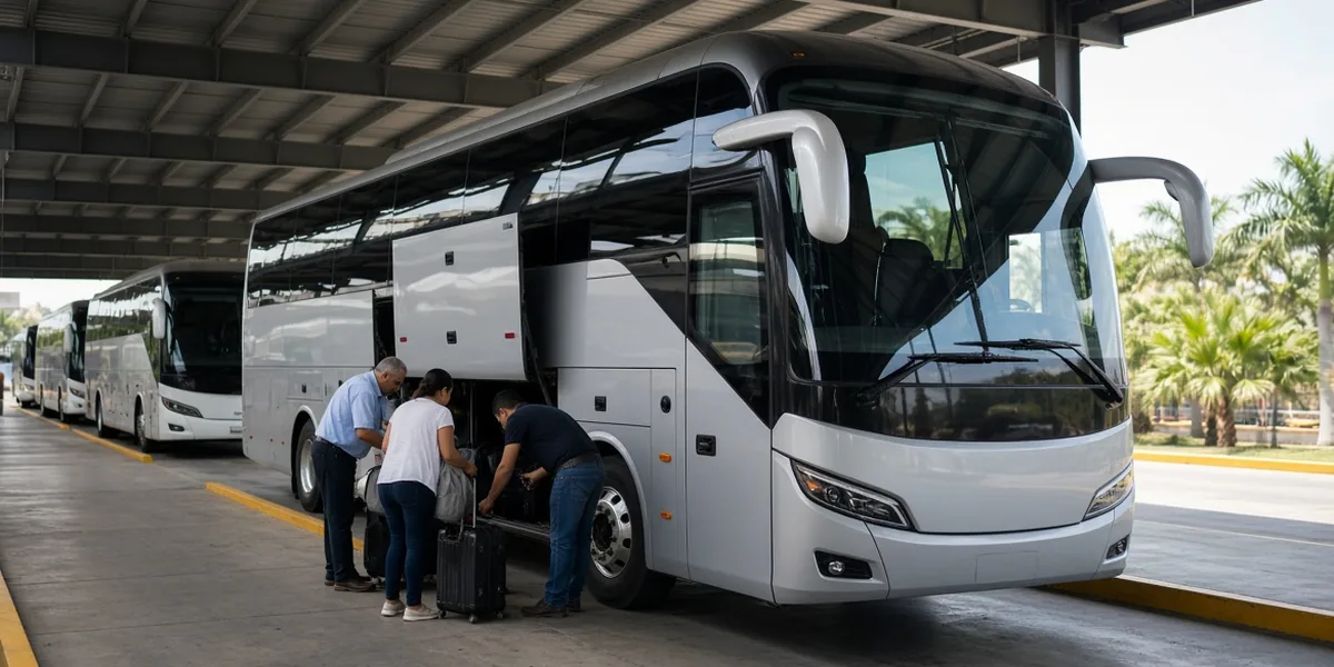Passengers loading suitcases into the luggage bay of a modern intercity coach at a covered bus terminal platform in Mexico
