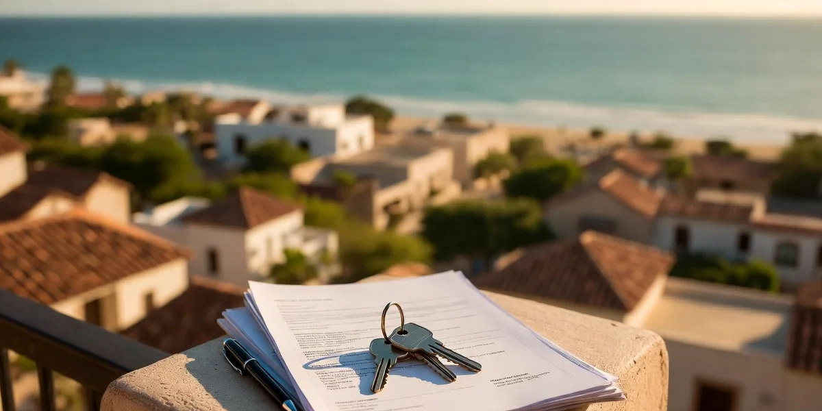 House keys on signed purchase papers on a terrace rail overlooking a Mexican beach town