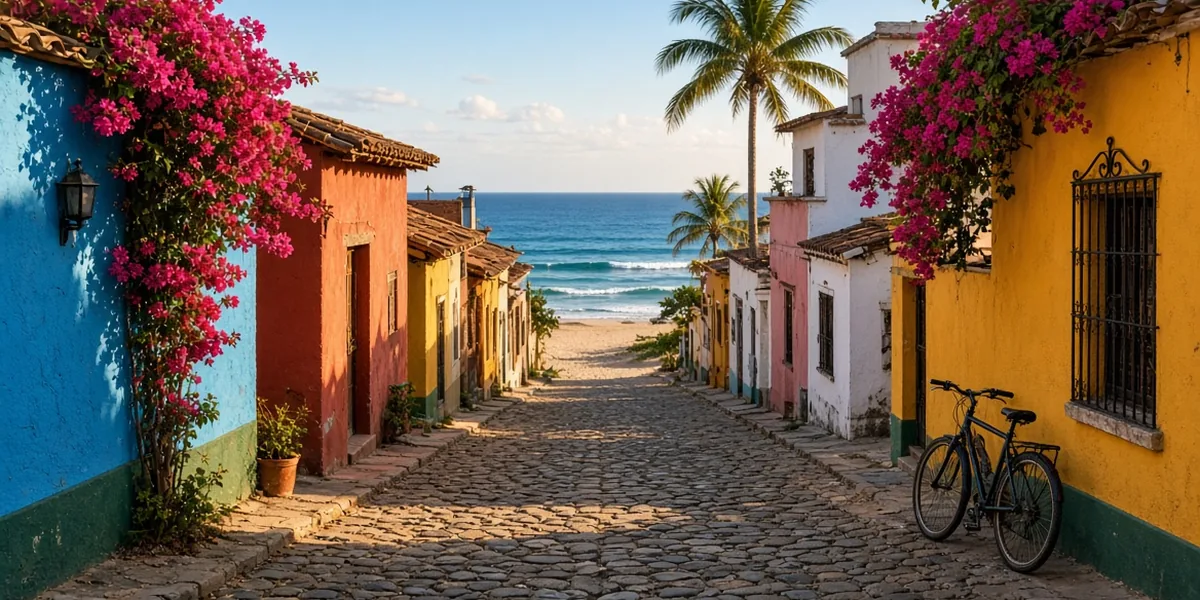 Bougainvillea over brightly painted houses on a cobblestone street running down to the sand and ocean in a Mexican beach town