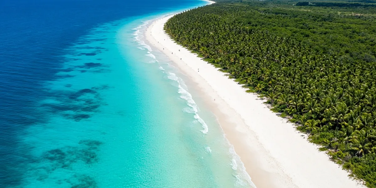 Aerial view of a long white sand beach curving between turquoise Caribbean shallows and dense palm forest in Mexico