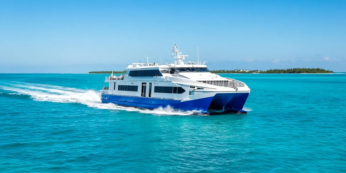 Blue and white passenger catamaran ferry crossing bright turquoise water toward a low green island under a clear sky