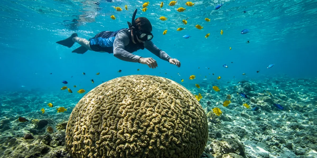 Snorkeler in a rash guard swimming above a large brain coral surrounded by yellow and blue reef fish near Cancun
