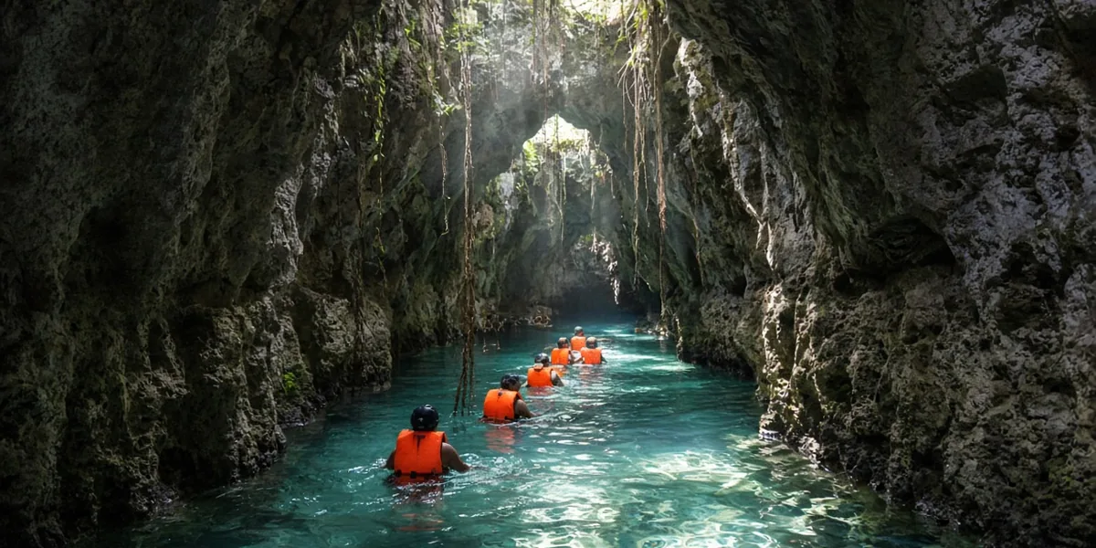 Visitors in orange life jackets floating single file down an underground river channel through a limestone cave in the Riviera Maya