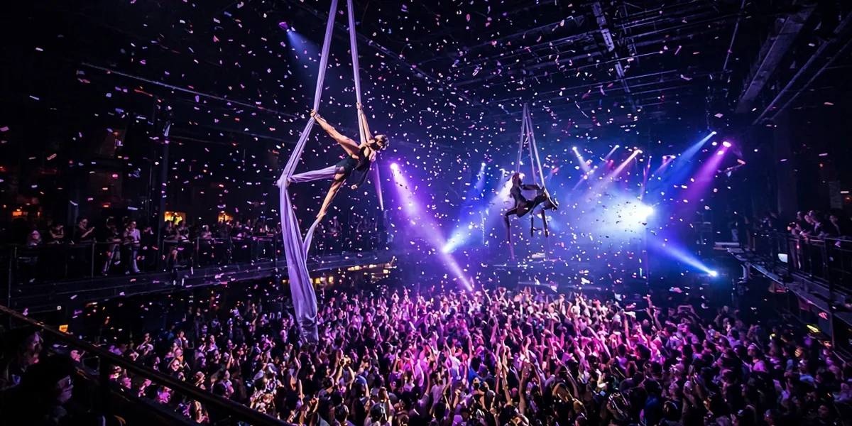 Two aerial silk performers suspended above a packed nightclub crowd under purple stage lights and falling confetti