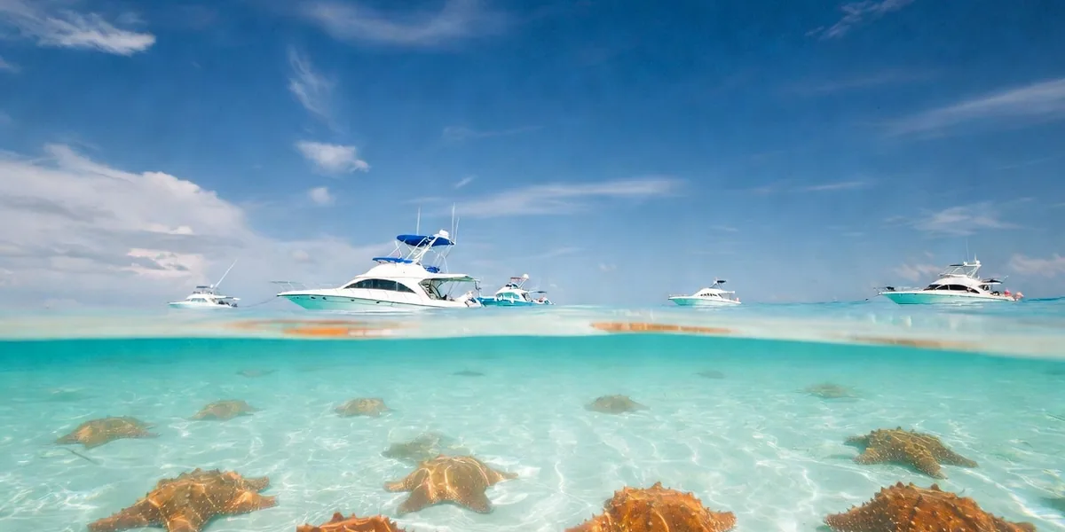 Over-under view of orange starfish on the white sand bottom of El Cielo sandbar with boats above, Cozumel