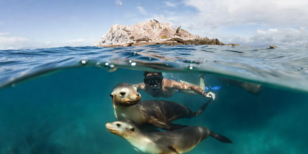 Snorkeler playing with young sea lions at Los Islotes off Espíritu Santo island, La Paz