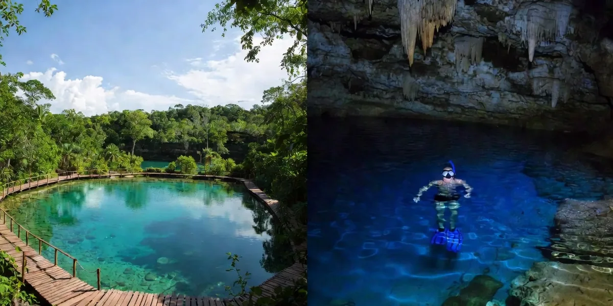 Side by side: the open-air turtle pool of Gran Cenote and the blue cavern of Dos Ojos near Tulum