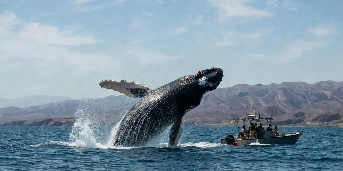 Humpback whale breaching beside a panga on a whale watching tour near La Paz