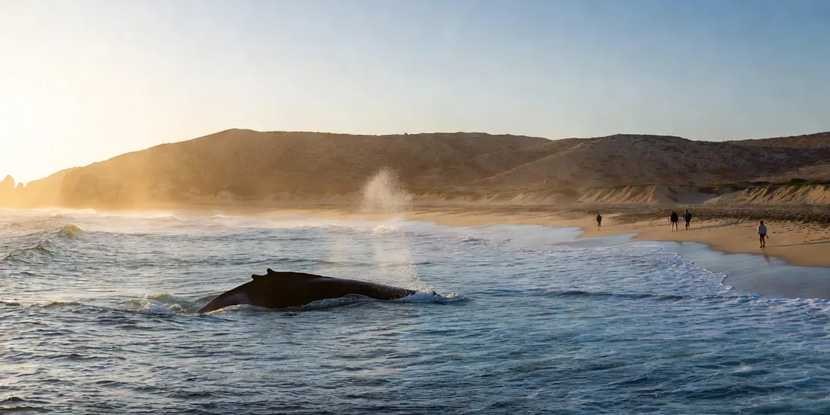 Whale spout offshore from a Los Cabos beach in soft December light with walkers in light layers