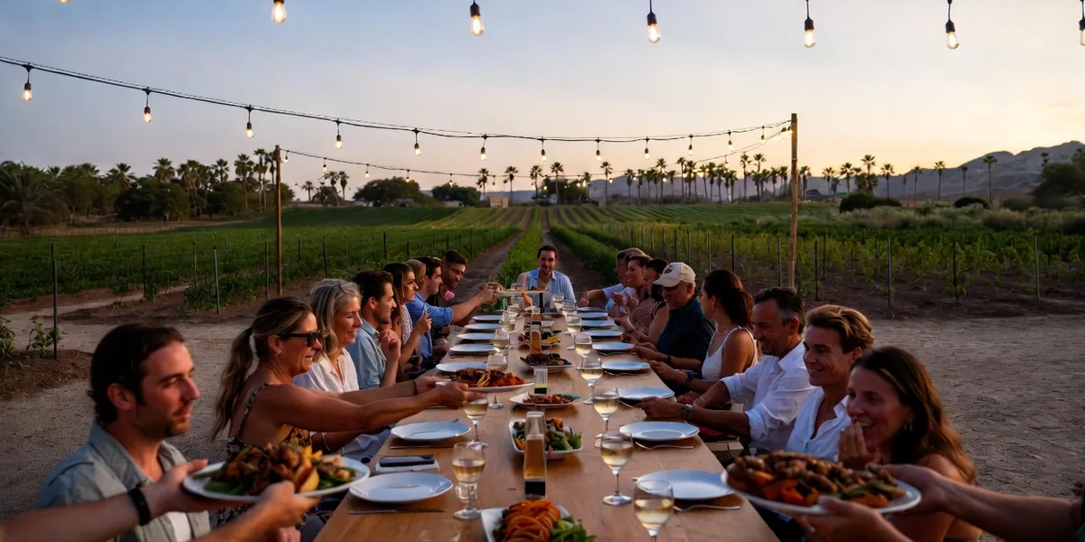Long farm dinner table under string lights in an organic garden near Los Cabos