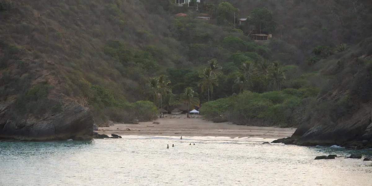 The calm protected cove of Playa La Audiencia with palms and green hills, Manzanillo
