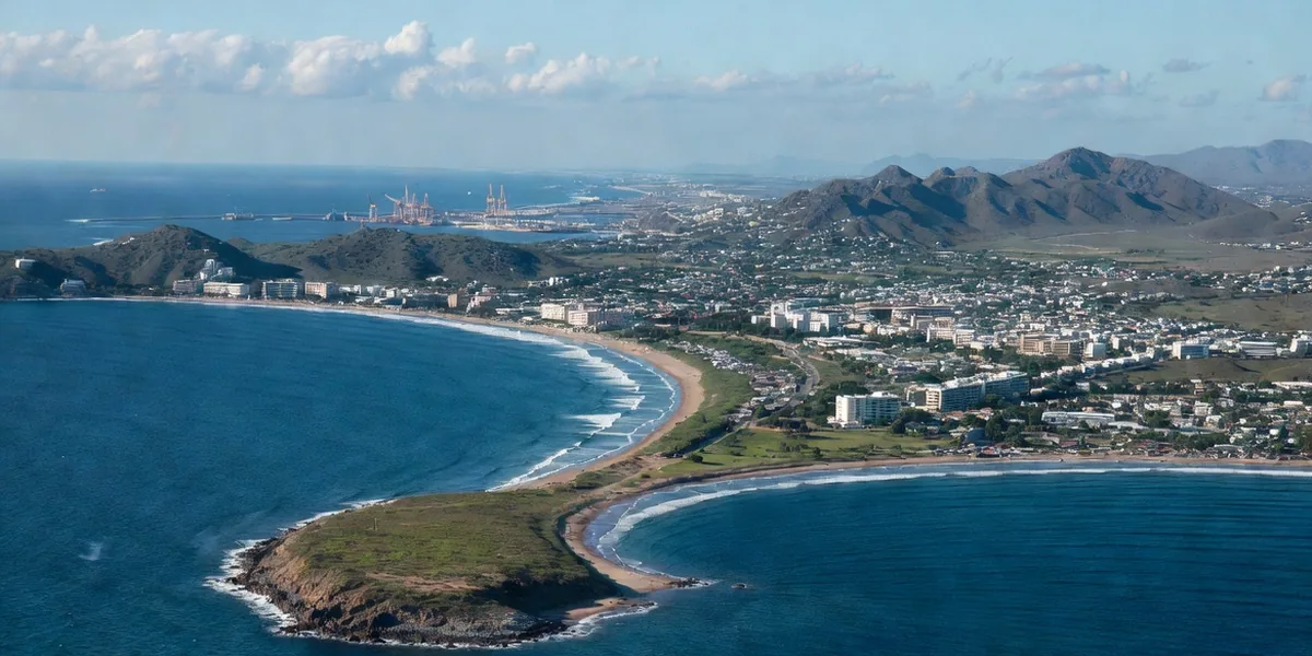 Aerial of Manzanillo's twin bays with green headlands and the city curving along the shore