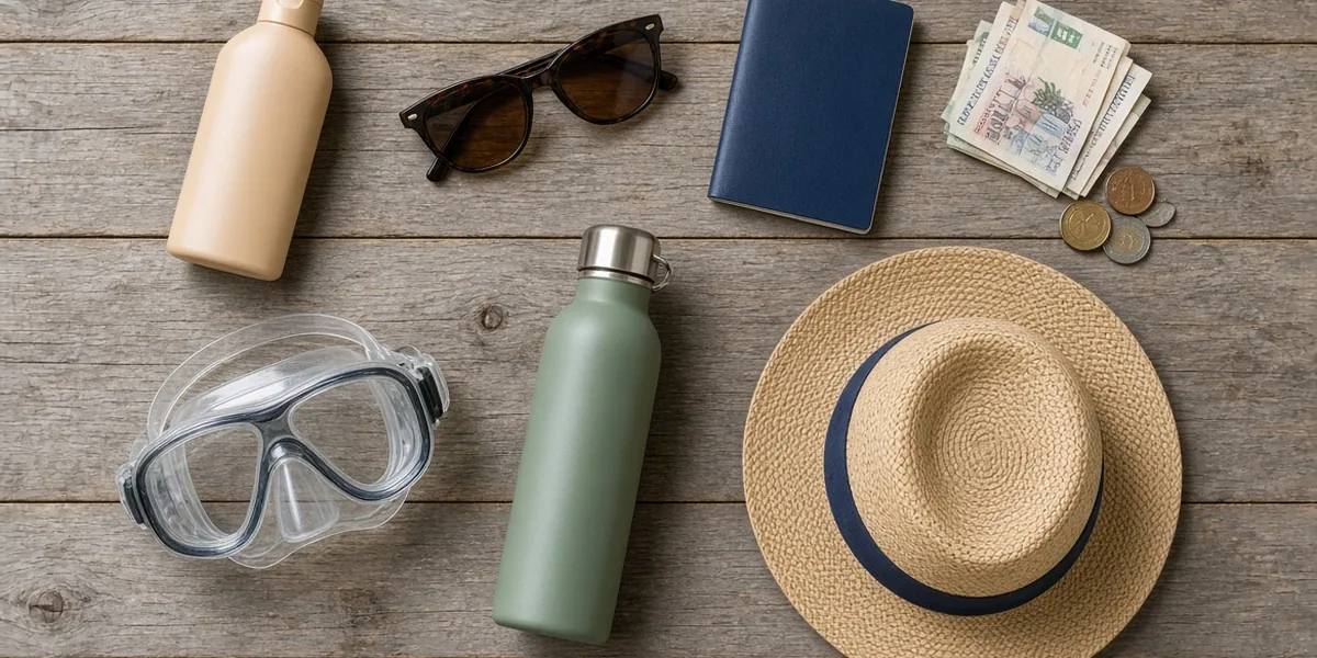 Flat lay of Mexico beach trip essentials on weathered wood: sunscreen, sunglasses, passport, banknotes and coins, snorkel mask, water bottle and straw hat