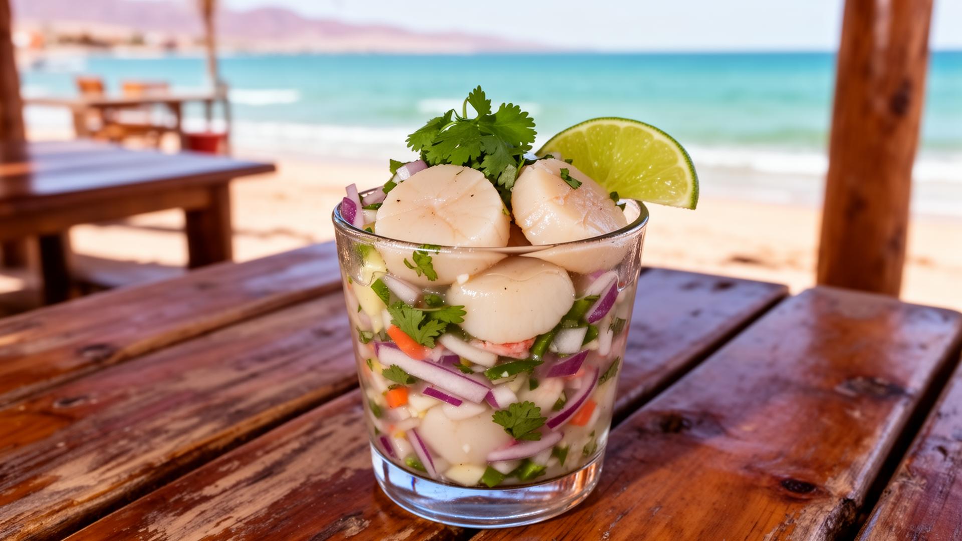 Fresh callo de hacha scallops served in their shells by the water at Bahía de Kino
