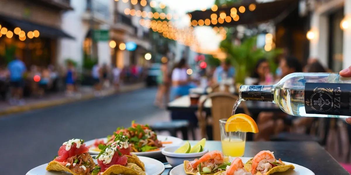 Ceviche tostadas and mezcal at an al fresco table on Playa del Carmen's 5th Avenue