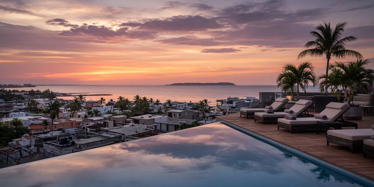 Rooftop infinity pool and loungers overlooking low-rise rooftops and the Caribbean at sunset in Playa del Carmen