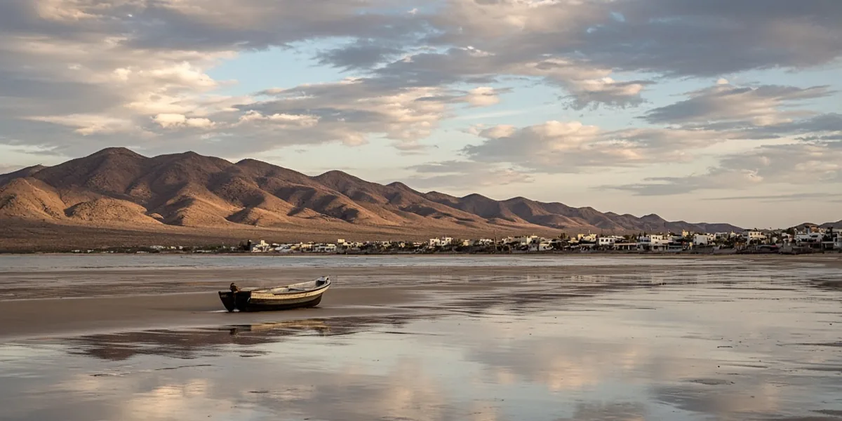 A fishing panga left high on wide wet sand flats at low tide, with the town of San Felipe and desert mountains behind on the Sea of Cortez