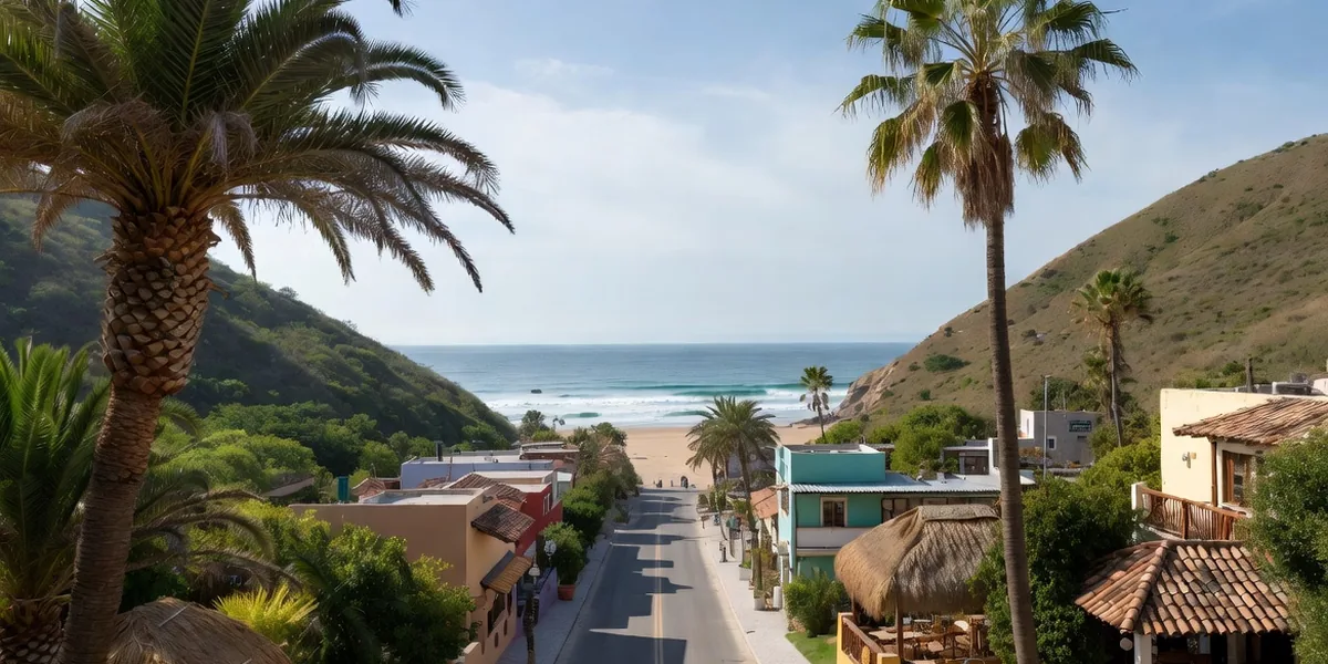 San Pancho's main street running between palms straight to the beach, Nayarit