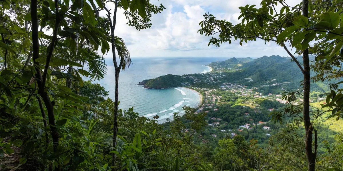 View from the Monkey Mountain trail over Sayulita's bay, jungle and surf below