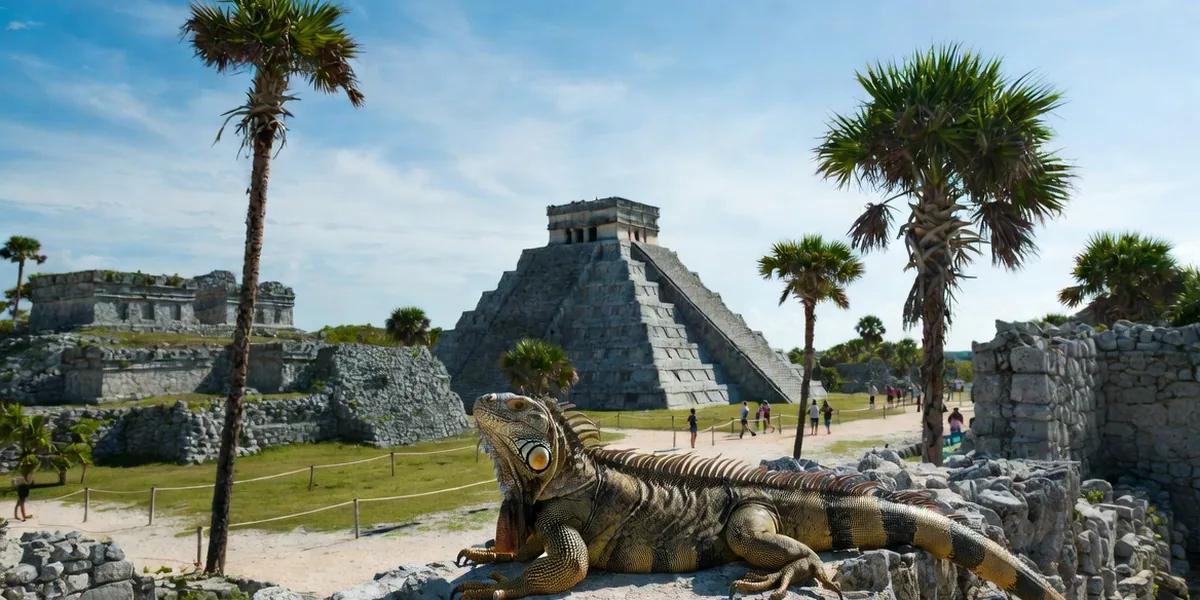 Iguana sunning on ancient stone inside the Tulum ruins with El Castillo and visitors on the paths behind