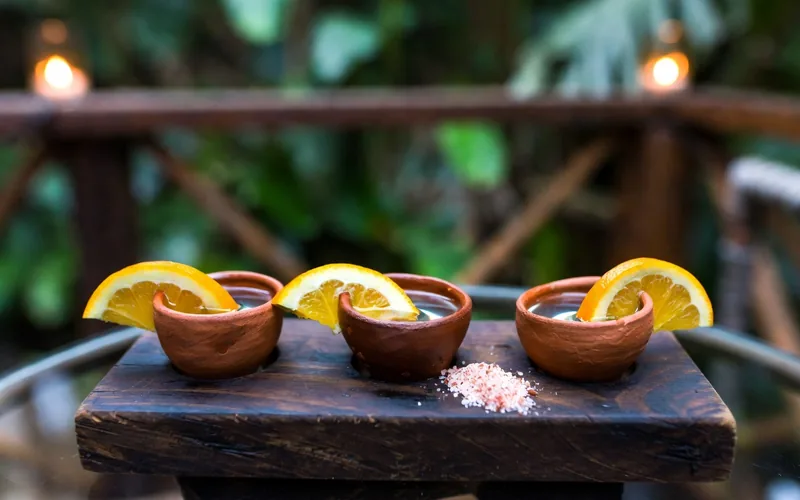 Mezcal flight with orange slices and sal de gusano on a wooden board at a jungle patio mezcaleria in Tulum