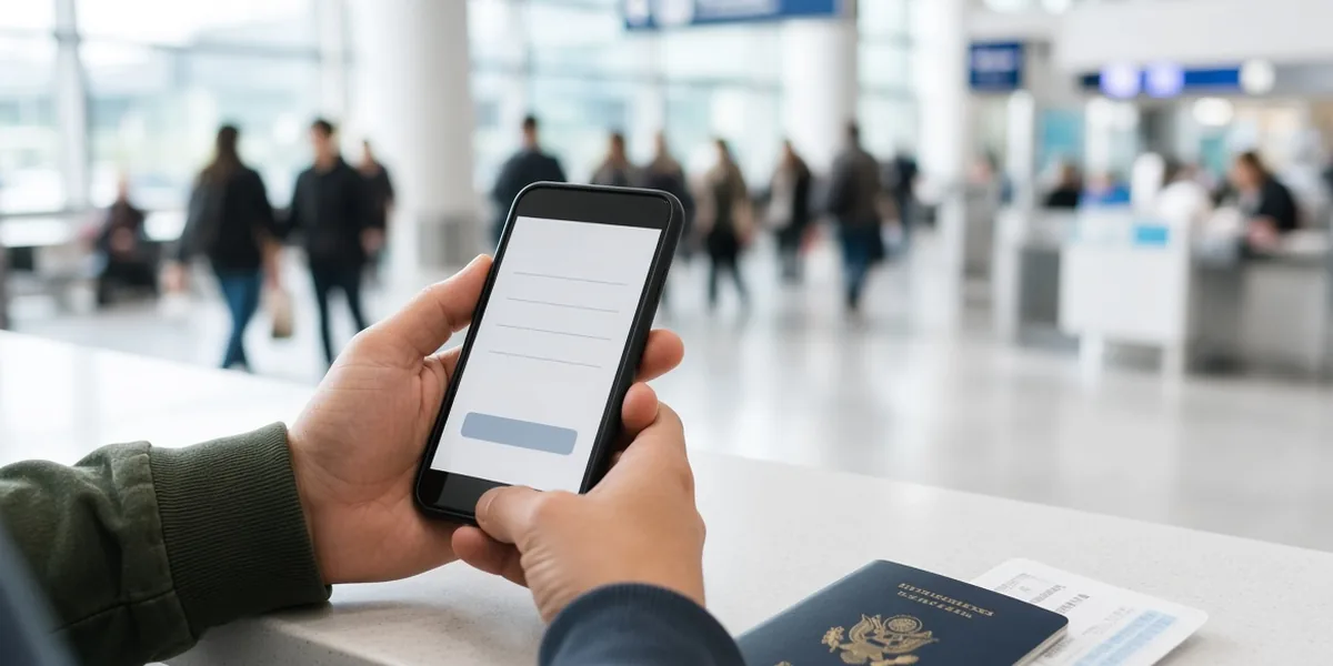 Traveler filling in a blank form on a phone with a passport and boarding pass on the counter in an airport arrivals hall