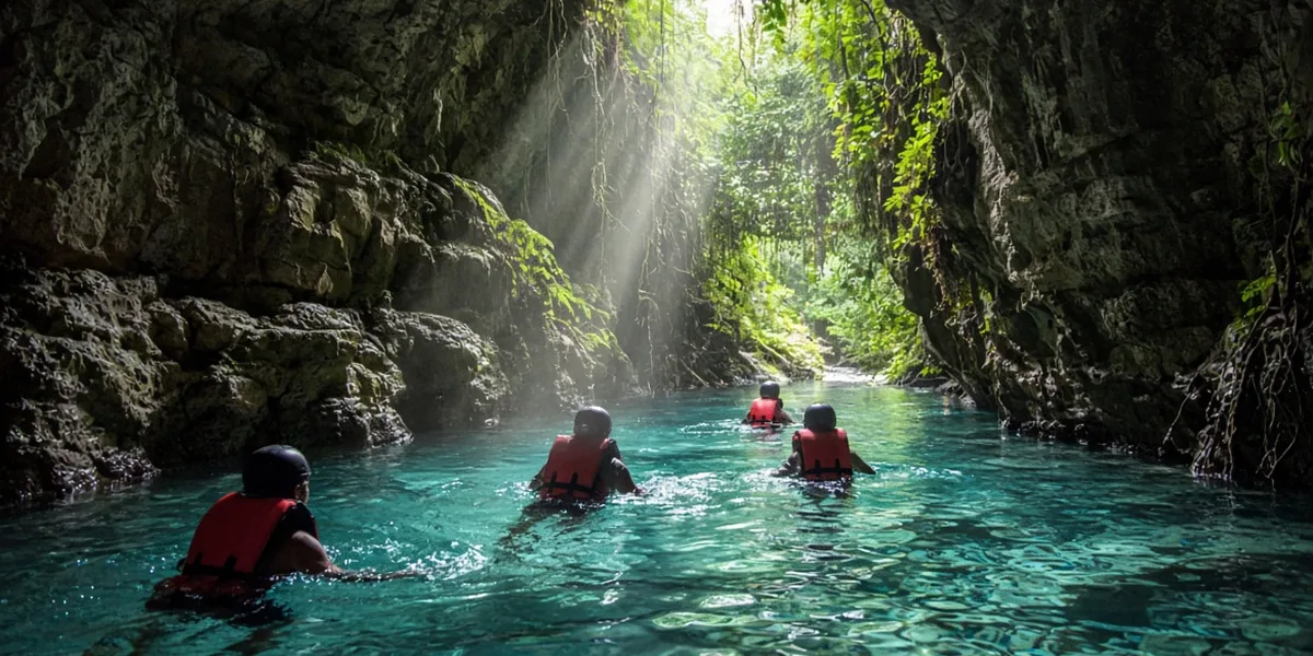 Visitors in red life jackets wading down a clear turquoise river through a limestone cave, daylight breaking through the jungle opening ahead