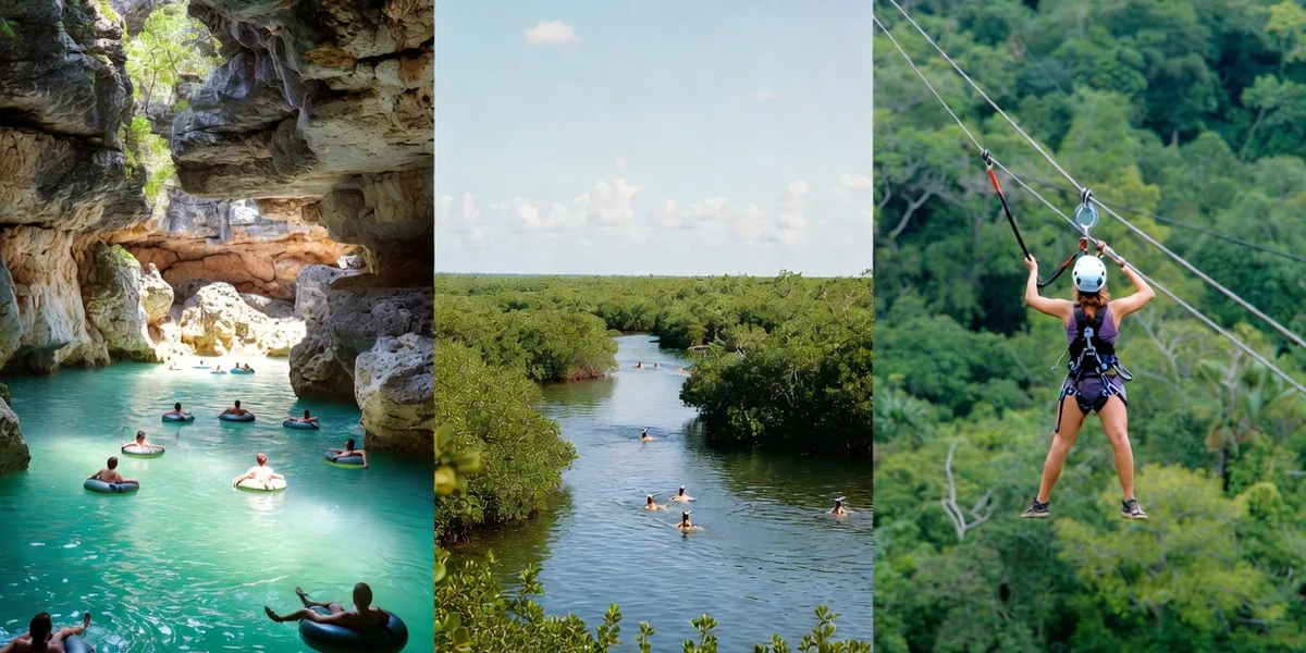 Three panels: underground river swimming, inlet snorkeling, and jungle zipline — the three park styles compared