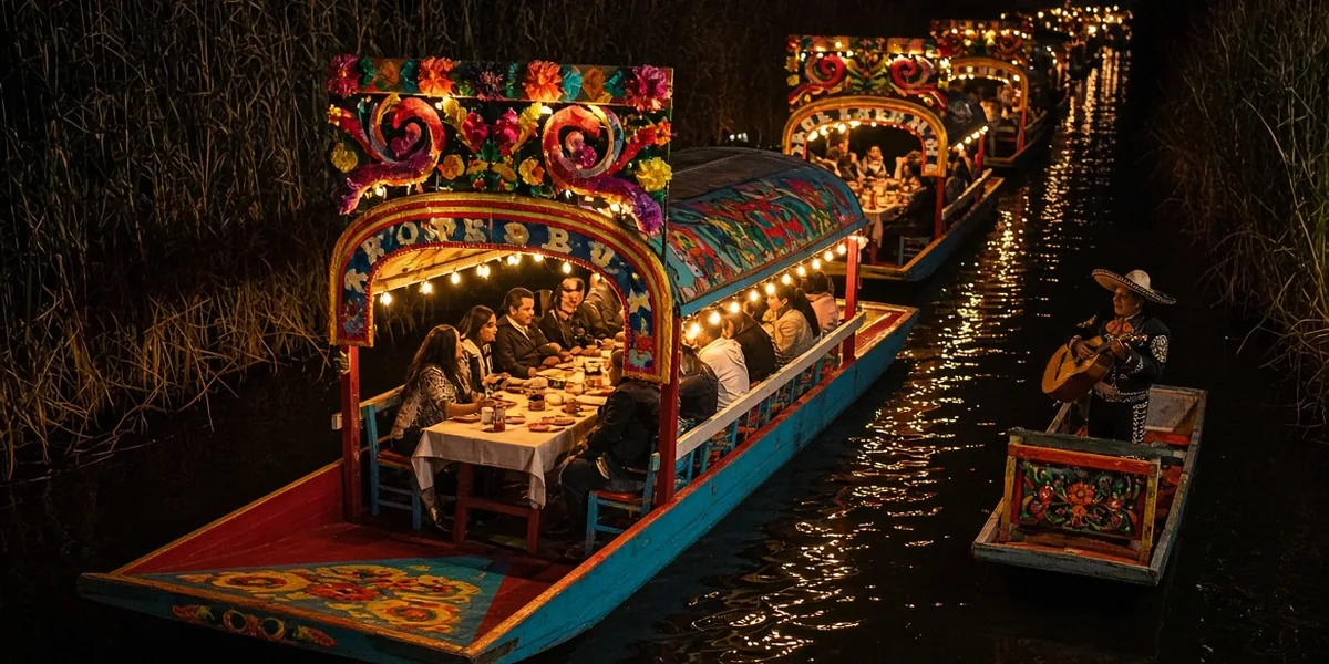Brightly decorated trajinera boats with string lights on a canal at night with musicians playing