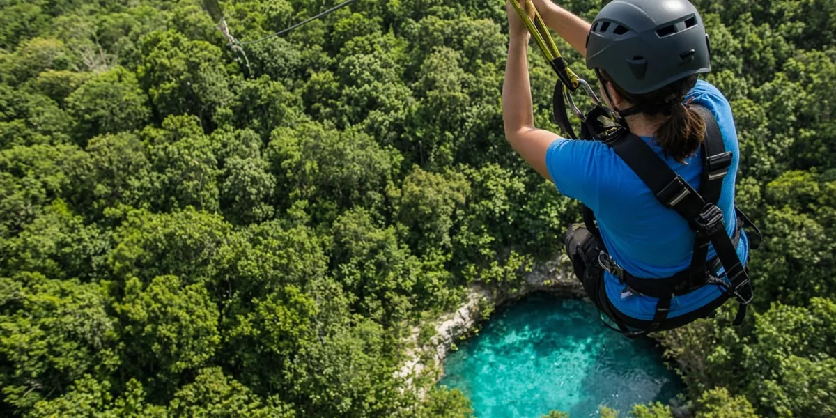 Zip line rider in a helmet and harness gliding high above dense jungle canopy toward a turquoise cenote below in the Riviera Maya